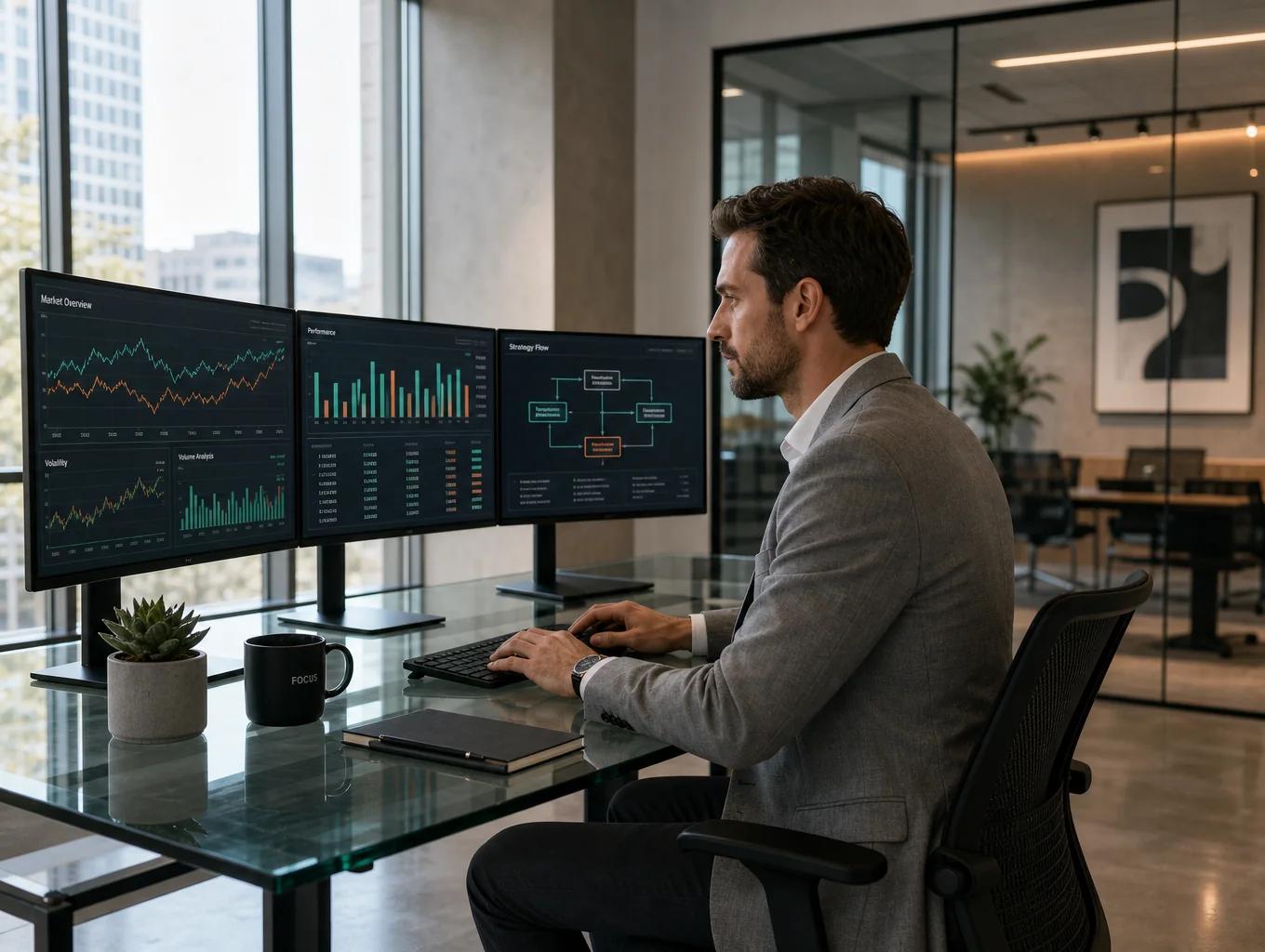 Consultant analyzing digital workflow data on screen