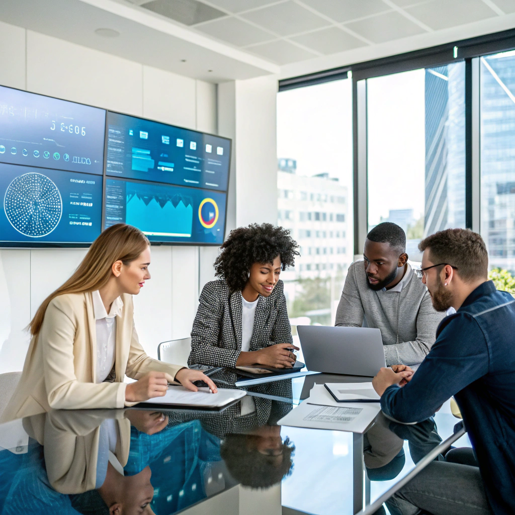 Strategic AI planning session with digital data visualization