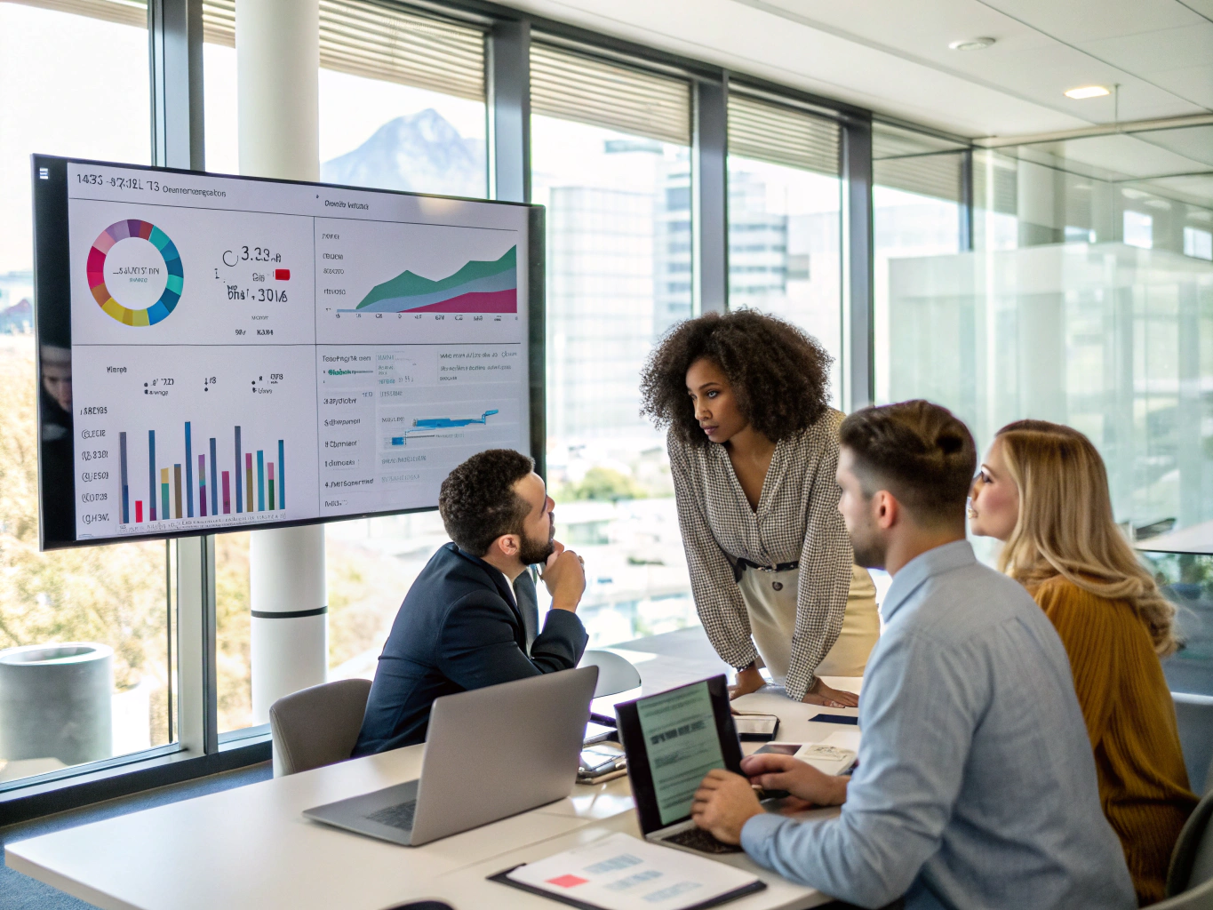 Team collaborating with AI-driven dashboard