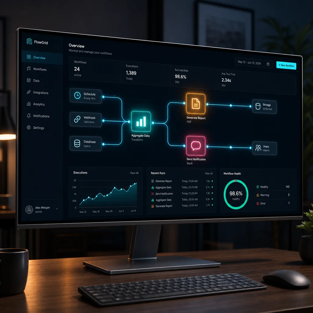 Digital workflow automation dashboard on dark screen